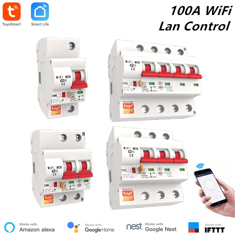 Tuya smartafbryder 100a 1p/2p/3p/4p wifi smartafbryder automatisk switch overbelastning kortslutningsbeskyttelse alexa