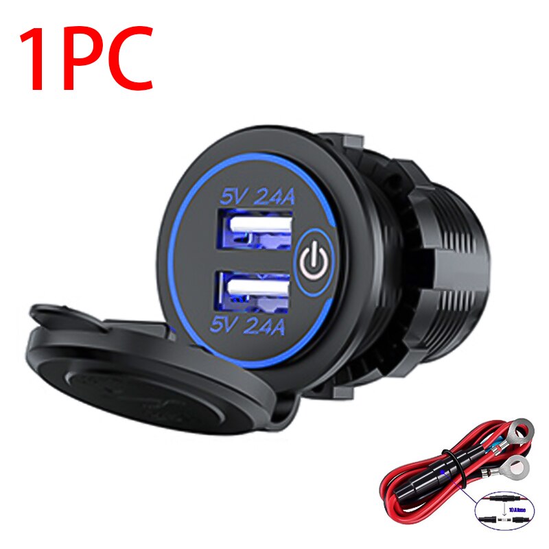 5V/2.4A Dual Usb Socket Car Charger Met Touch Schakelaar Waterdicht Stofdicht Cap 12V/24V auto Adapter Voor Iphone Xiaomi Huawei: 5V 2.4A Blue 1pc