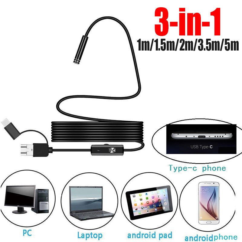 Portable Endoscope 3 in 1 5.5mm 6 LED IP67 30W Metal Plastic Black Ear Cleaning Tool Inspection Inspection Camera Computers