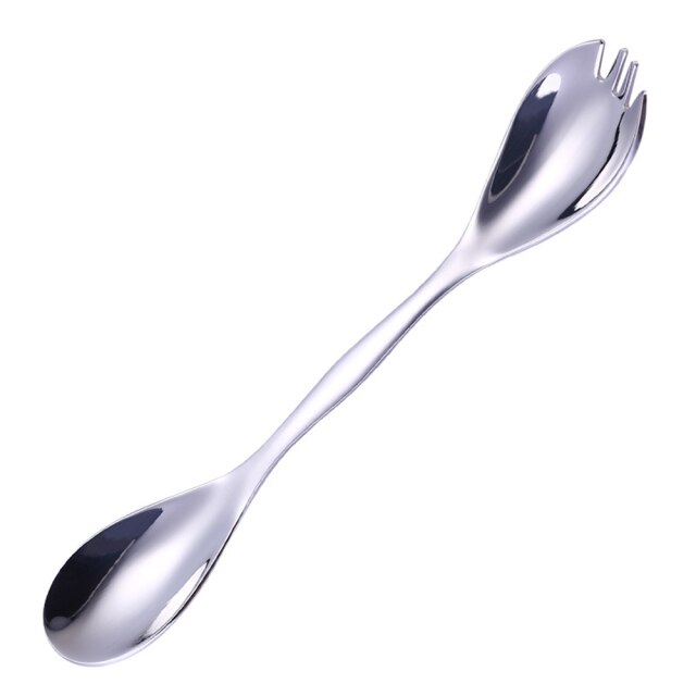 Tweekoppige Lepel Vork Multifunctionele Dual-Purpose Lepel Roestvrij Staal Draagbare Servies: Silver