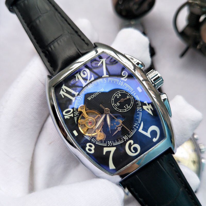 Luksus mænds ure mænd mekaniske ure tonneau dial automatiske mekaniske ure mænd tourbillon ure montre homme reloj: 66577 sølvfarvet