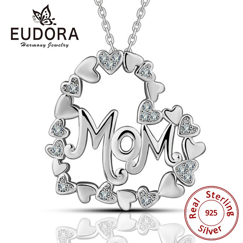 Eudora100 % 925 Zilveren Moeder Hart Hanger Ketting Met Clear Zirconia Choker Mode-sieraden Voor Dag Moeder CYD60