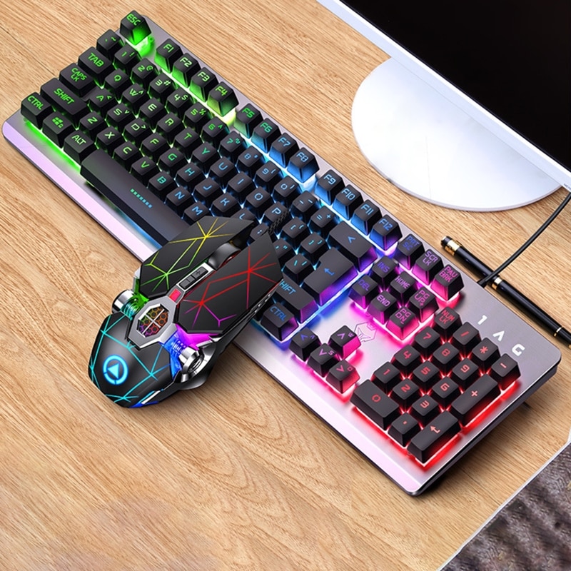 104Keys RGB Aluminum Alloy Gaming Keyboard and RGB Gaming Mouse Set with Mobile Phone Stand Function Key Ten Million Key Life