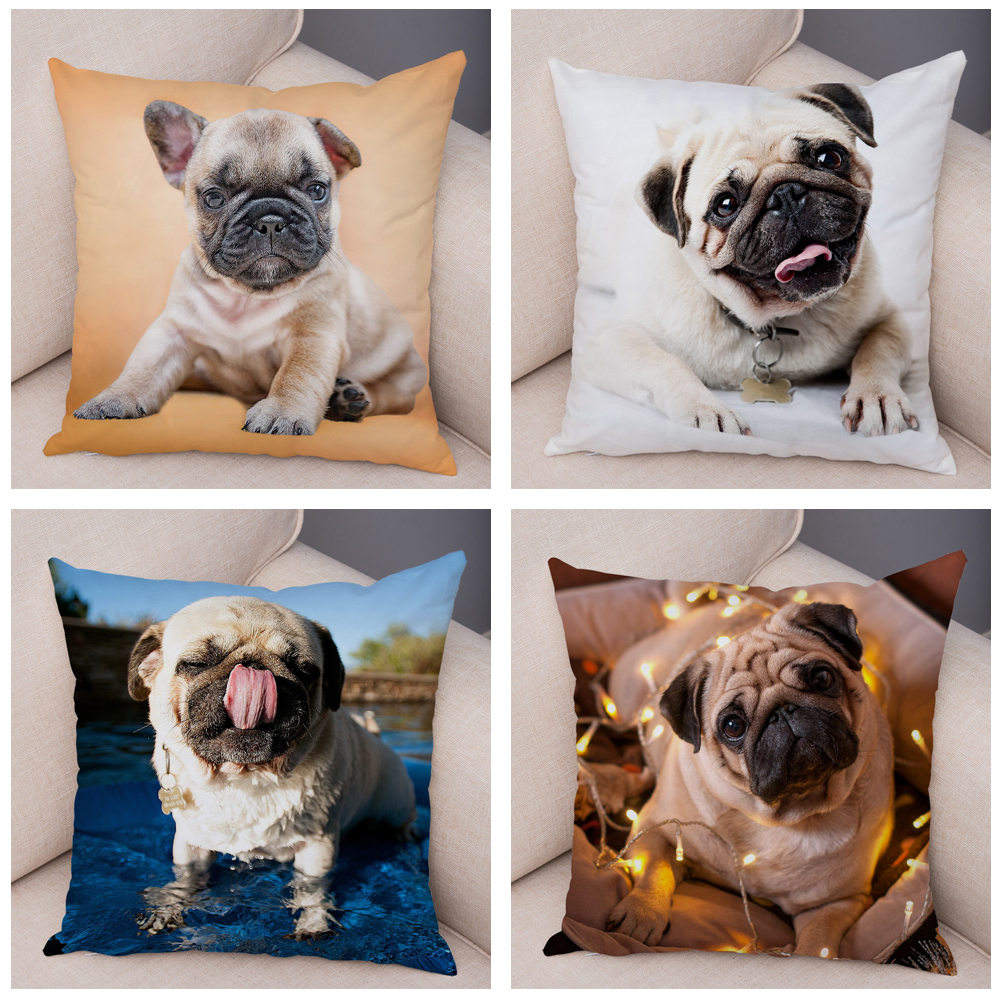 Housse de coussin carlin mignonne, oreiller décoratif imprimé pour animaux de compagnie, pour voiture, canapé, maison, en Polyester