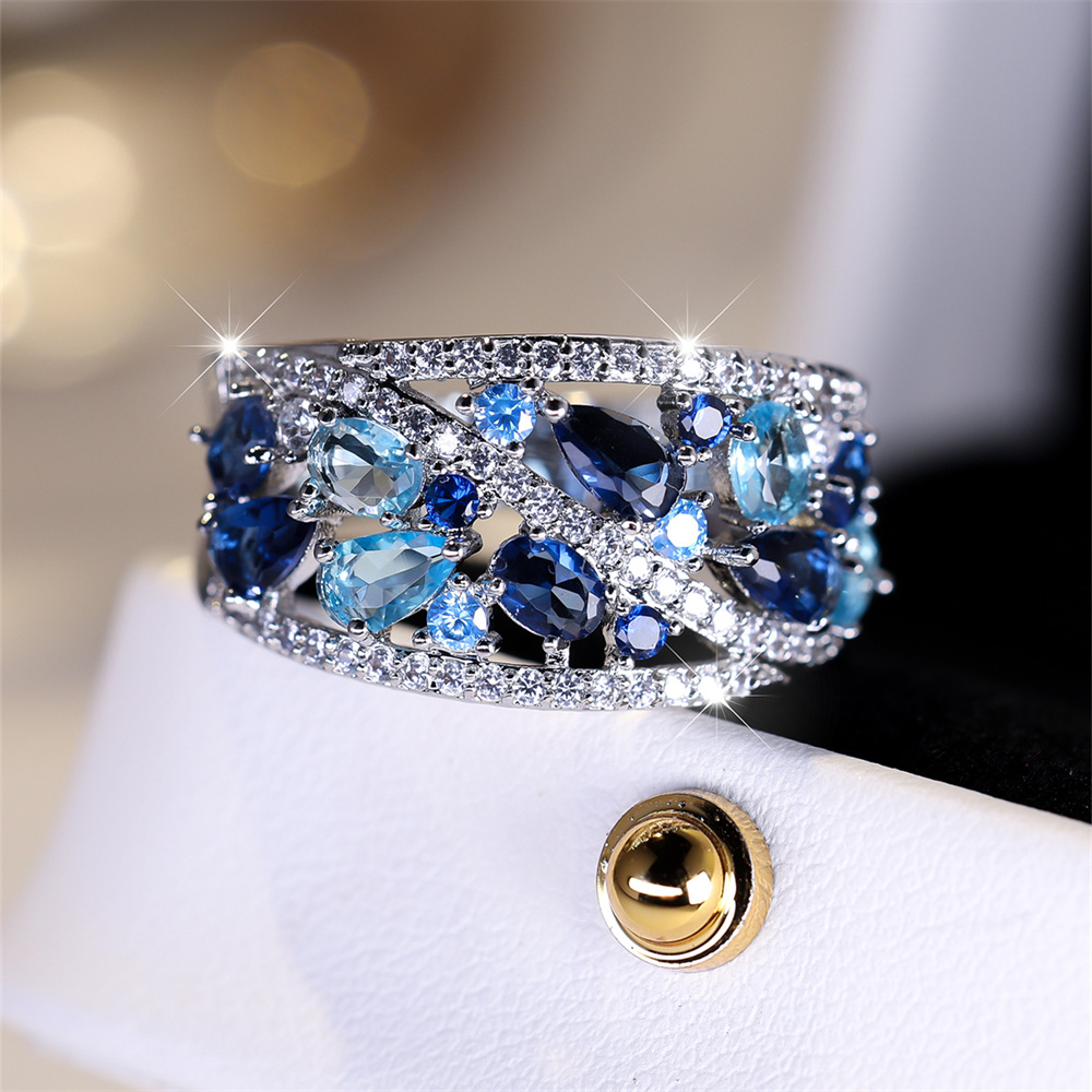 Anillo de piedra de gota de agua de cristal azul real, anillos de compromiso de Aguamarina simulada para mujer, banda de de boda de Color plata Vintage