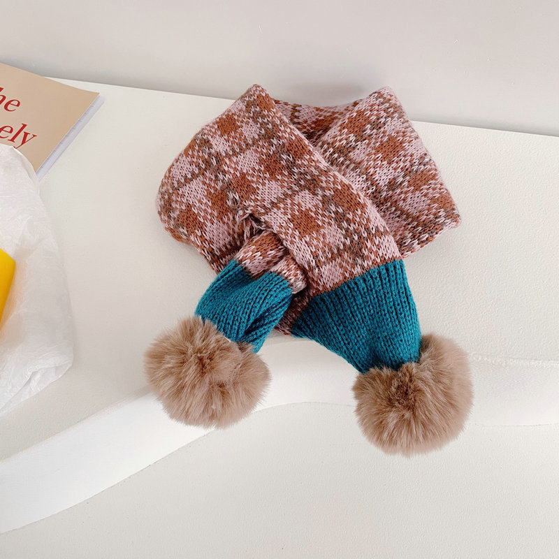 Mode Stiksels Plaid Kinderen Pompom Cross Sjaal Herfst En Winter Jongens En Meisjes Baby Warm Gebreide Sjaals: shenfenkalan