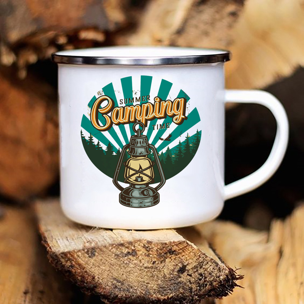 Tazas de Camper con estampado de caravana, taza esmaltada para acampar, aventura, fogata, , cerveza, jugo, tazas con mango de montaña, para Camper: Blanco