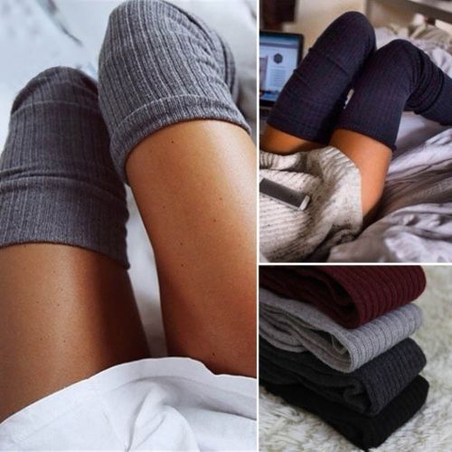 Medias largas y gruesas de algodón para mujer, mallas de lana suave tejidas por encima de la rodilla, largas, hasta el muslo, color negro, invierno, novedad