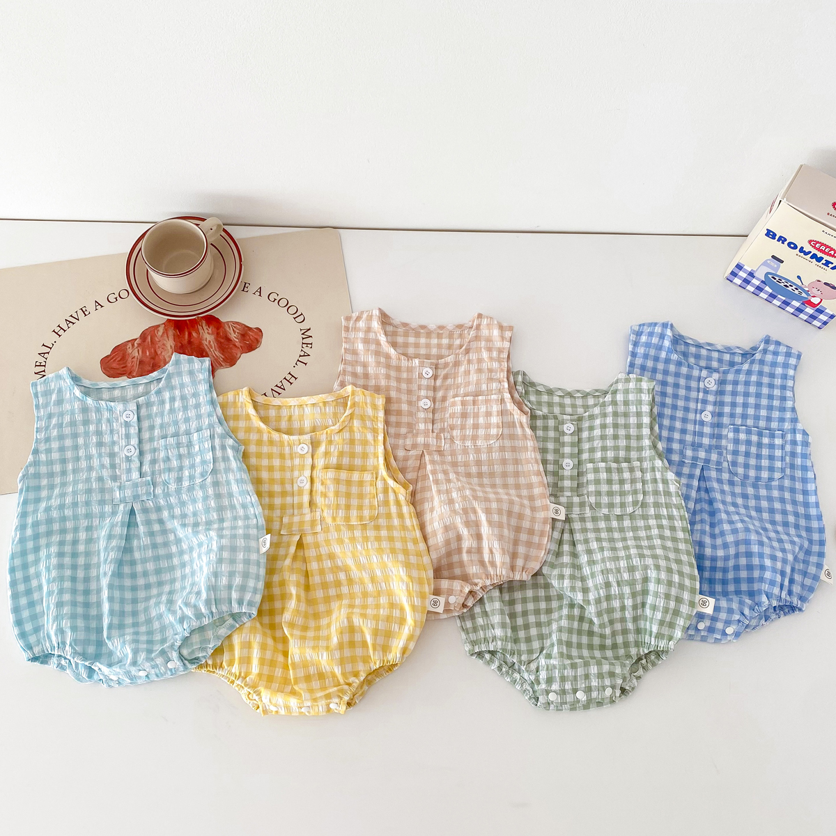 Sommer baby piger ærmeløs romper ternet nyfødt baby bodysuit 0-2 år gammel spædbarn jumpsuit