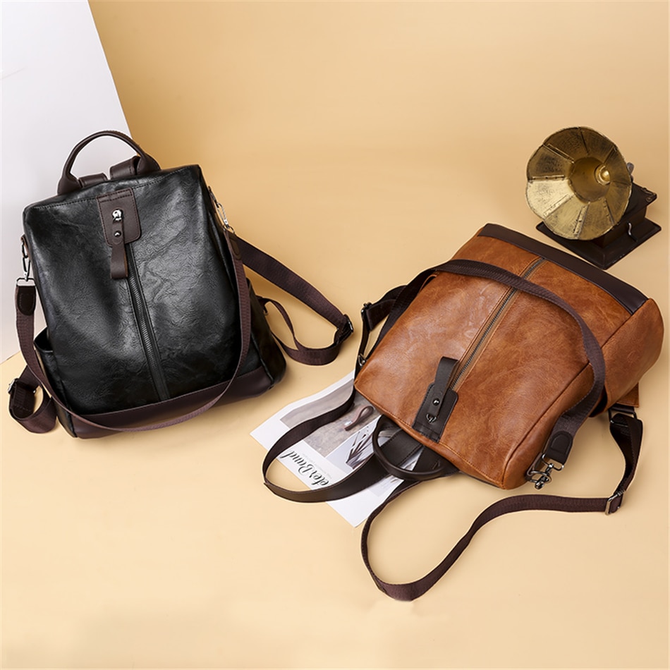 3 in 1 Retro Backpack Women PU Leather School Bags For Teenage Girls Anti-theft Ladies Shoulder Bags Simple Travel Backpack