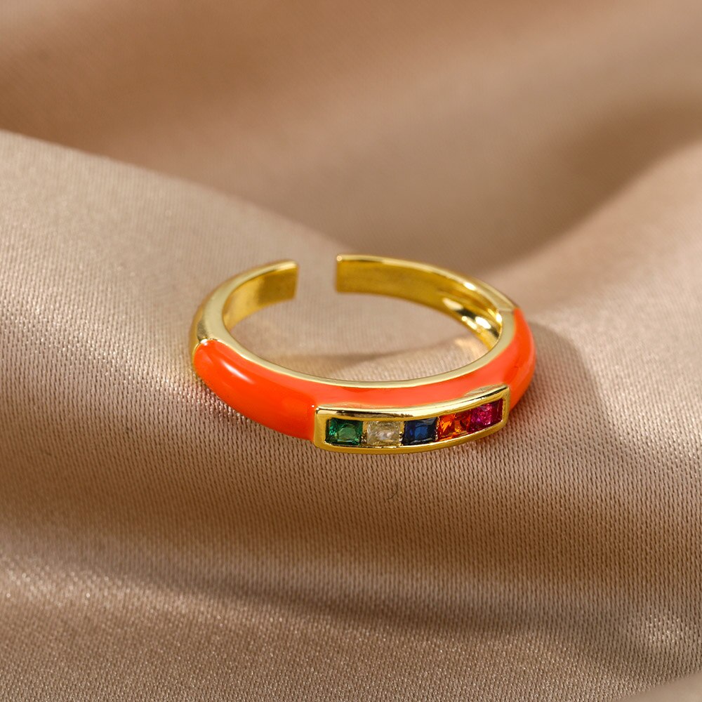 Rainbow Enamel Druipend Olie Zirkoon Ring Voor Vrouwen Rvs Goud Verstelbare Snoep Ringen Partij Sieraden Bijoux Femme: JZ2630G-1