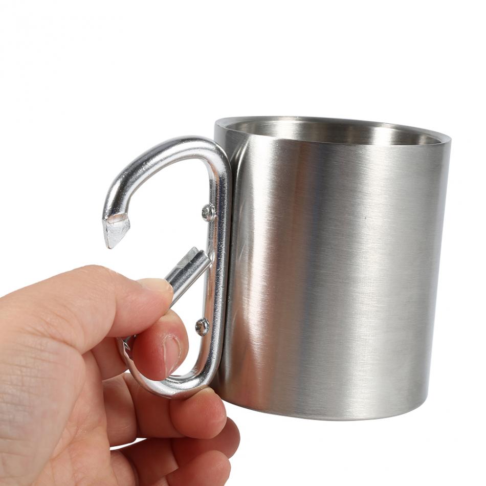 220ML Stainless Steel Metal Camping Cups Traveling Outdoor Cup Double Wall Mug With Carabiner Hook Handle Coffee Mug Tea Cup