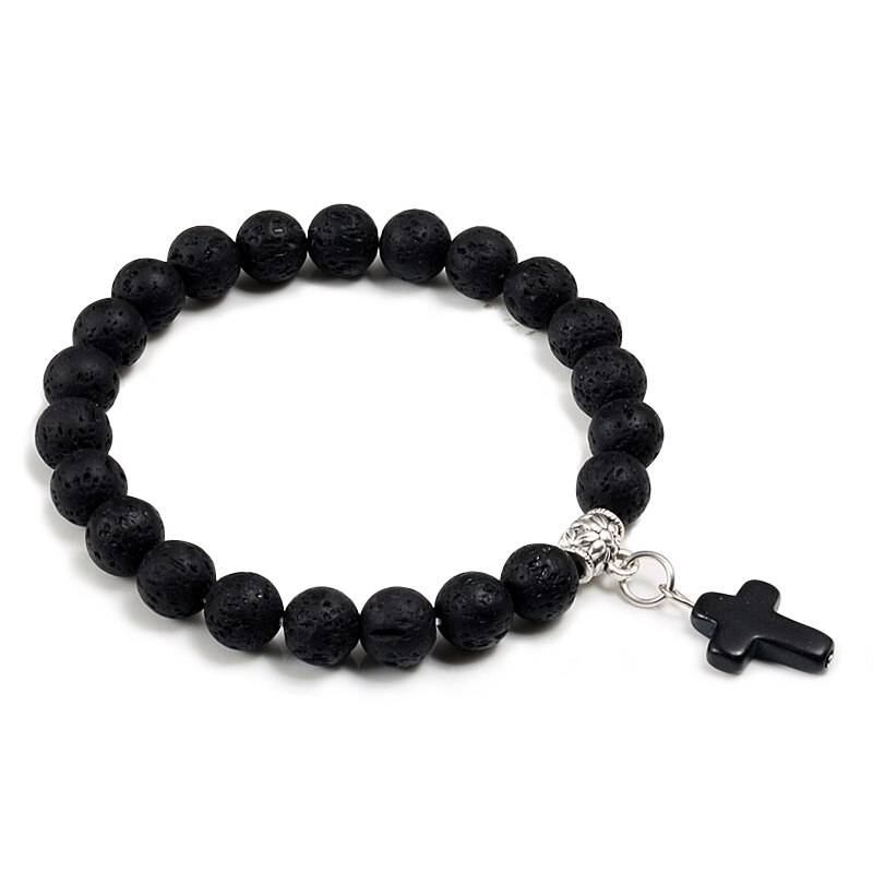 Neue Kreuz Anhänger Armbinde männer Natürliche Lava Stein Perlen Armbänder Für Frauen Männer Yoga Schwarz Kiefer Abstand Schmuck Liebhaber