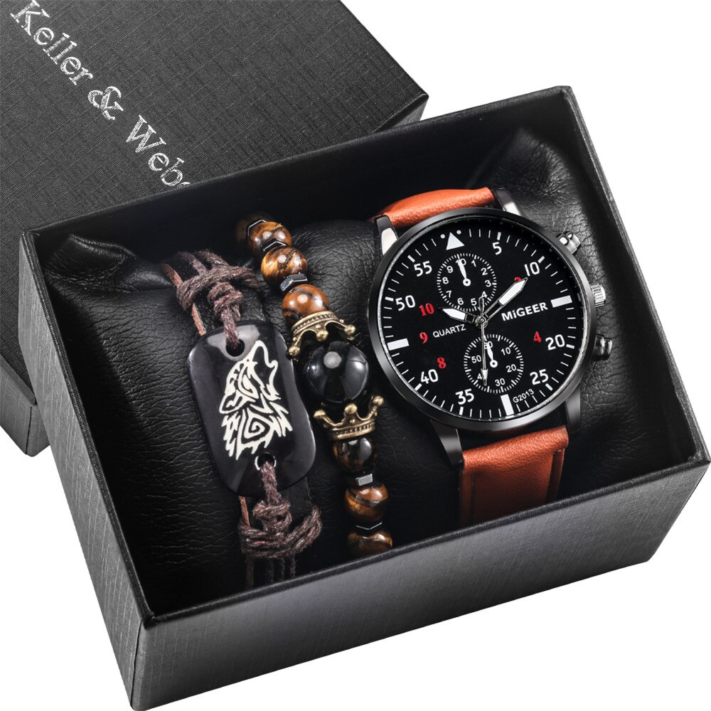 Reloj de pulsera de cuero de cuarzo para hombre y mujer, Set de 3 piezas con caja de , pulseras de , de cumpleaños para Hijo/marido/amigos: Watch Gift Set 037
