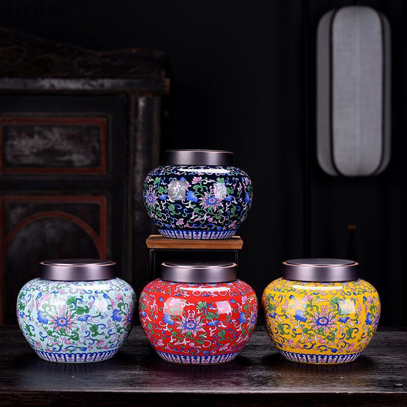 Enamel Color Flower Tea Cans with Alloy Lids Kitchen Sealed Storage Jars Candy Coffee Beans Food Storage Jars Home Decoration