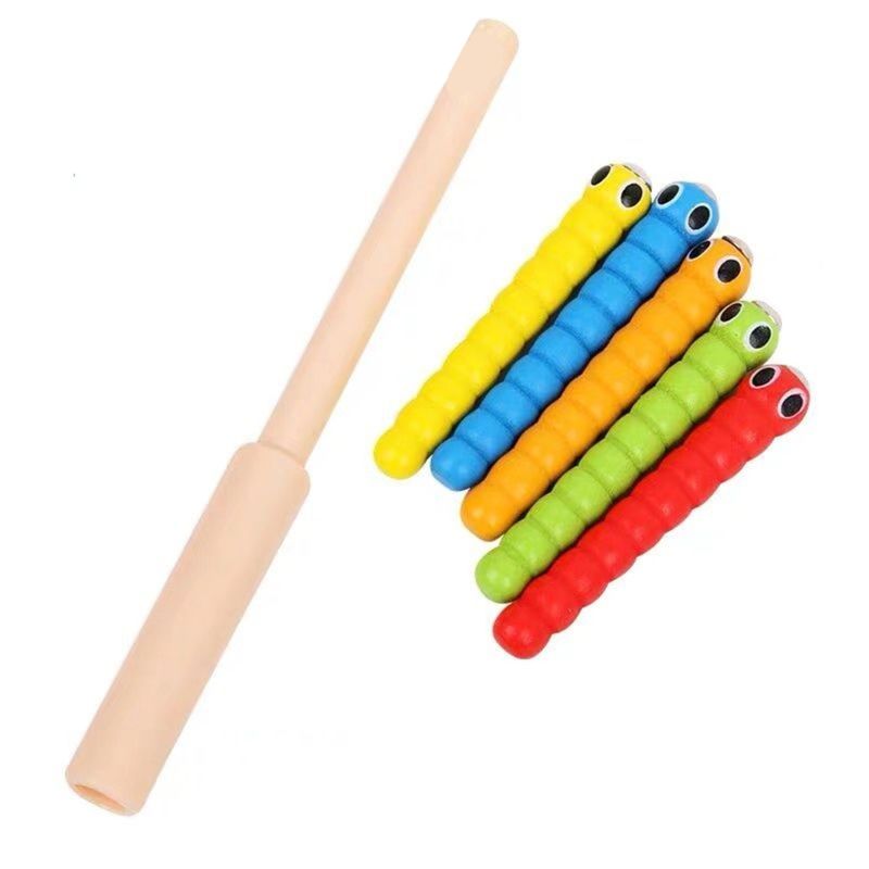 1 Wand + 5 Worms For Catch Worm Game Strawberry Grasping Baby Wooden Toys Accessories