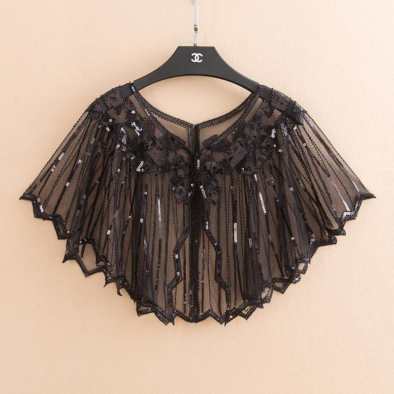 Châle de mariée , 16 couleurs, enveloppe en dentelle noire, boléro Cape courte pour femmes, paillettes scintillantes, veste d'été en dentelle noire: pureblack