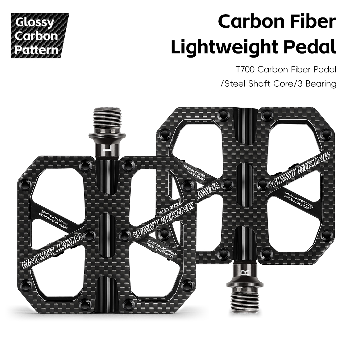 WEST BIKING Ultralight 3-lager fietspedaal T700 koolstofvezel MTB racefiets pedalen antislip plat pedaal fietsaccessoires: YELLOW