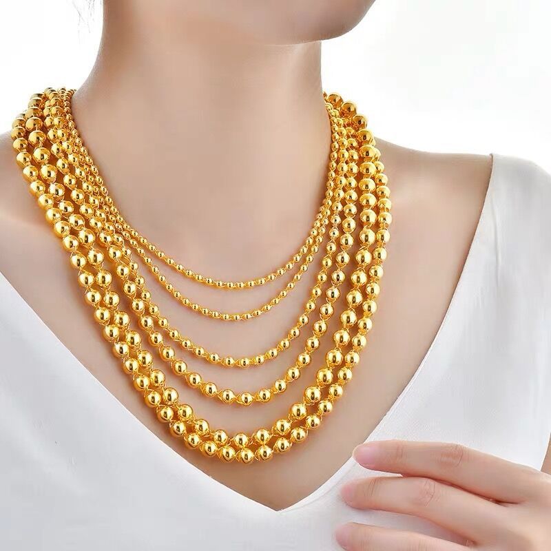 24K Yellow Gold Solid Ronde Kraal Ketting Voor Vrouwen Mannen 60Cm Kraal Zand Goud Mannelijke Ketting Ketting Wedding party Fijne Sieraden