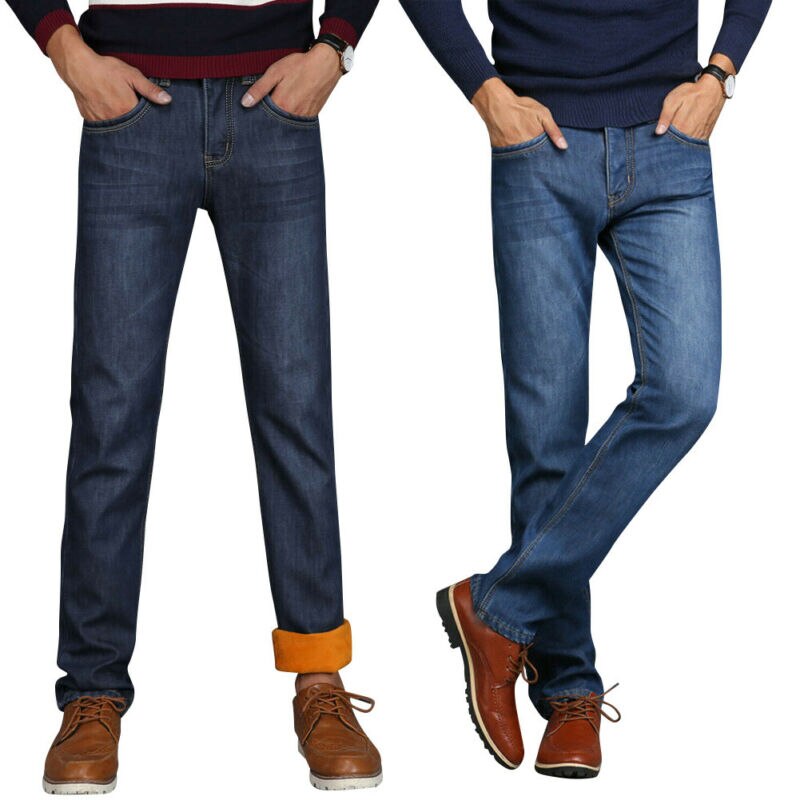 Termiske jeans til menn fleece foret denim lange bukser vinter tøye ut varme bukser ensfarget fleece uformelt trend