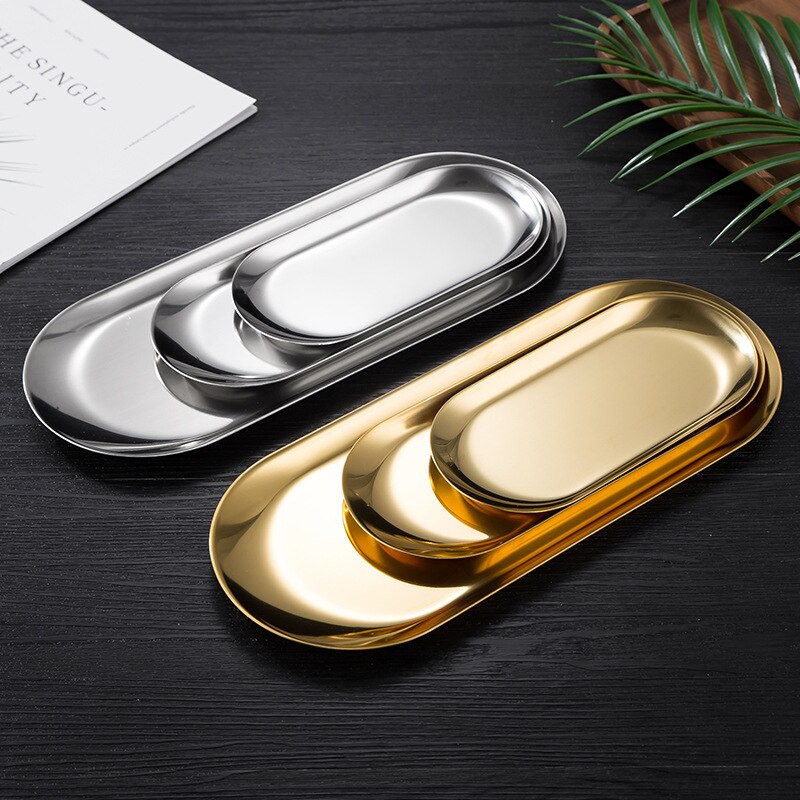 Nordic Korean Thick Stainless Steel Oval Plate Tray Snack Golden Barbecue Baking Container Serving Plates