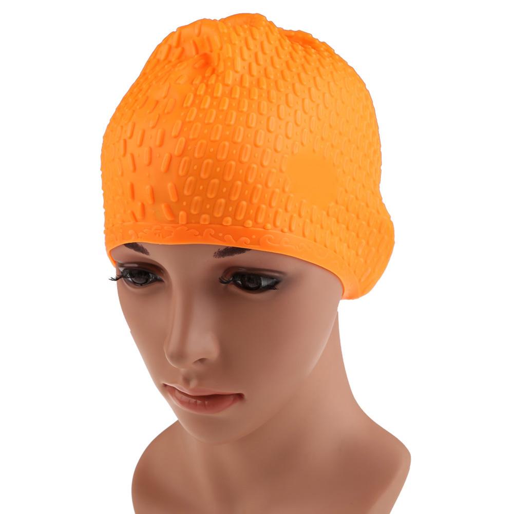Vandtæt svømmedæksel silikone vandtæppe flerfarvet beskyttende ører langt hår sport svømning pool hat til voksen: Orange