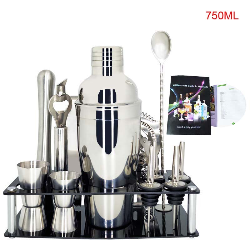 Premium Shaker Barware Set - 13 Pieces Bartender Kit Includes shaker , rack, spoon, pourer, straw & ice tong Cocktail Shaker: 750ML ZhonRack