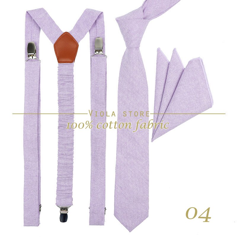 Pfirsichblau-lavendelfarbenes, einfarbiges baumwoll-set mit 2.5cm hosenträgern und 6cm krawatten, krawattenhalter, einstecktuch, verstellbarem riemen, hochzeitsaccessoire