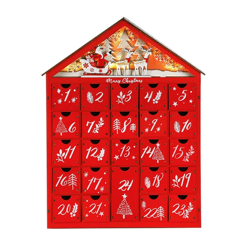 Calendrier de l'avent en bois rouge, maison avec lumière LED 24 tiroirs de rangement, organisateur de bonbons, compte à rebours de noël, P82C