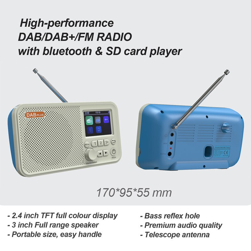 DAB Digital Radio, 2.4-Inch Color LED Display, With Bluetooth Support To Insert SD Card, MP3 Player, FM Radio, Built-In Battery