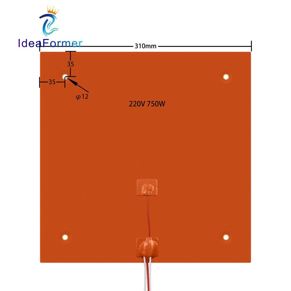 Cama quente da almofada de aquecimento do silicone da impressora 3d 310x310mm 220v 750w para as peças do calefator da cópia da placa da almofada do calefator de creality CR-10 10s pro.