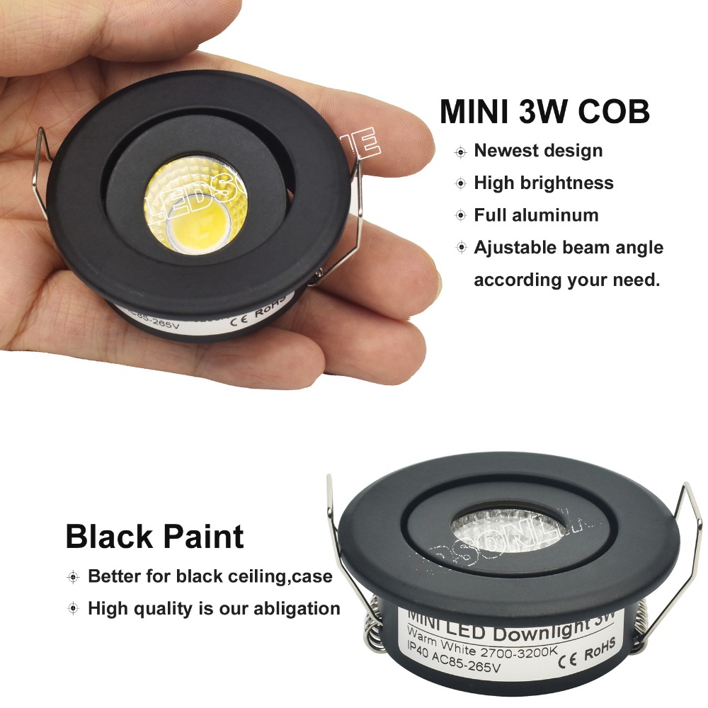 Mini COB LED Spot - 12V 3W - 40-45mm Utkutt - Aluminium Kropp - Montre & Skap Belysning