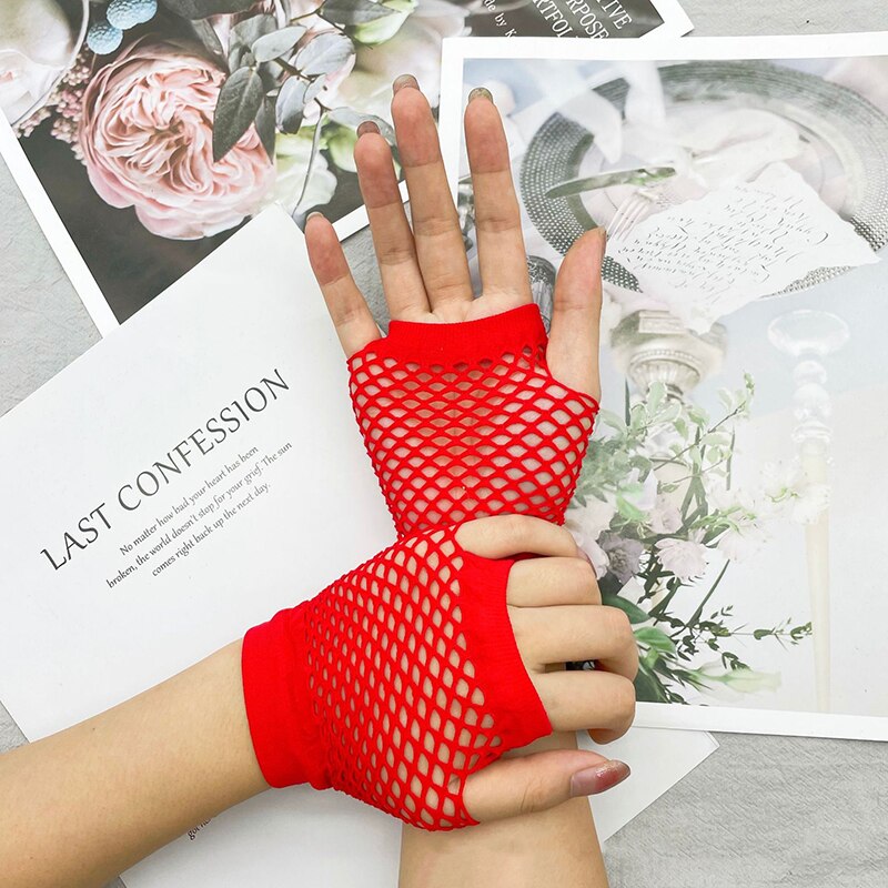 Guantes de rejilla para mujer, manoplas cortas de medio dedo, Multicolor, sexys, elásticos, de malla hueca, Punk, sin dedos, K72: Red