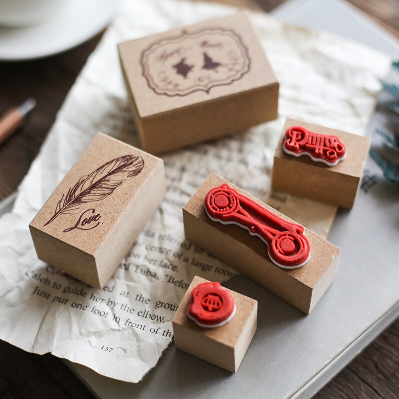 1box Wood Rubber Vintage Stamp Construction Feather Stationery School Supplies Student Handbook Diary Album Scrapbooking Crafts
