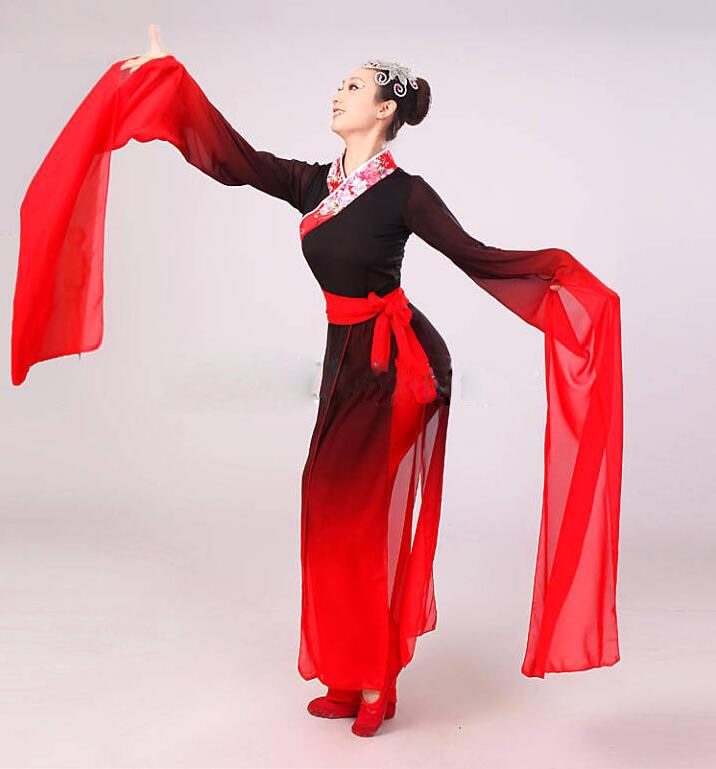 Woman Gradient Ink Water Sleeves Costumes Chinese Classical Dance Clothes Black Red Long Sleeves Hanfu Ancient Fairy Set