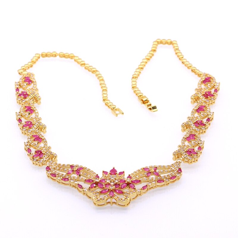 Luxury Female Costume Jewelry Set for Women Yellow Gold Color Red Green Zircon Necklace Earrings Wedding Set