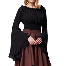 Women Medieval Renaissance Solid Color Bell Sleeve Ruffled Off Shoulder Blouse for Halloween