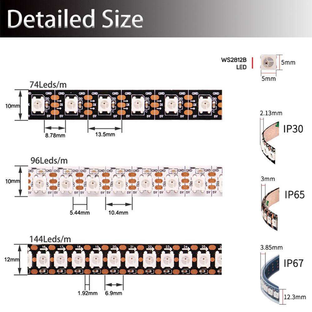 Tira de luces Led DC5V WS2812B 74/96/144leds/m direccionable individualmente inteligente 5050RGB WS2812 píxeles luz Led IP30/65/67 PCB negro/blanco