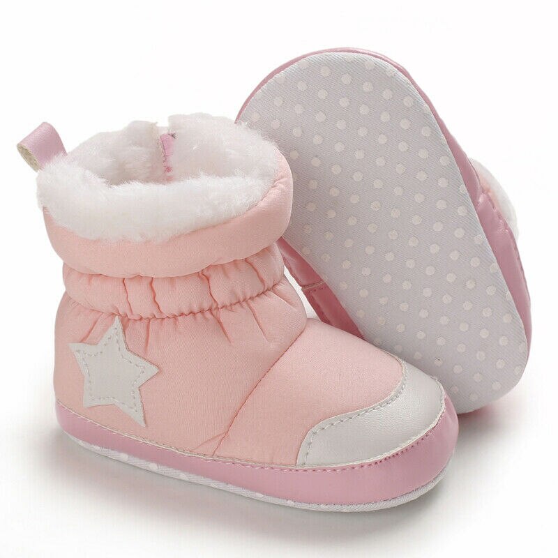 Brand Unisex Kids Winter Shoes Newborn Baby Girls Boy Boots Infant Toddler Star Printed Snowfield Warm Fur Snow Boots 0-18Months: Pink / 13-18 Months