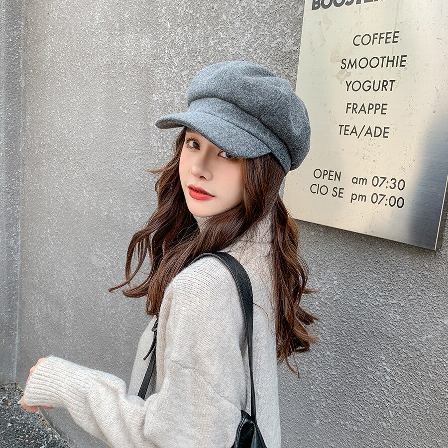 YQYXCY Winter Hats For Women Thickened Warm Beret Octagonal Hat Female Retro Painter Cap Solid Color Newsboy Cap Gorras Korean: gray