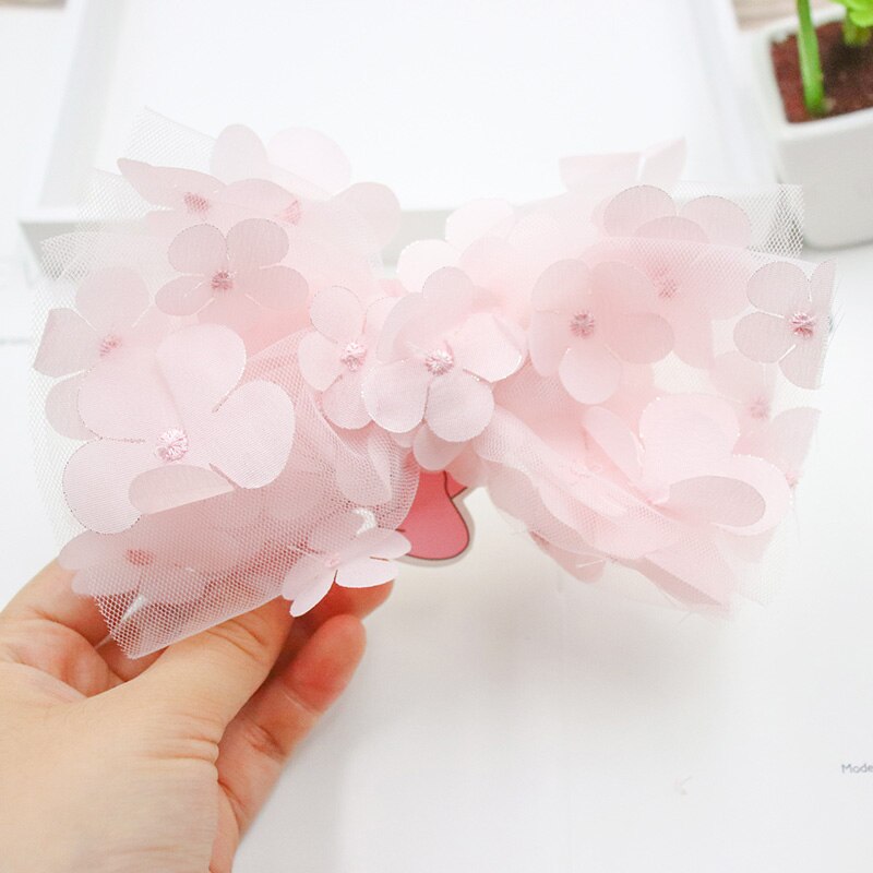 Mooie 3D Opknoping Bloem Mesh Hair Bows Kleurrijke Gradient Regenboog Kleur Haar Clip Prinses Haarspelden Hairbow Haaraccessoires