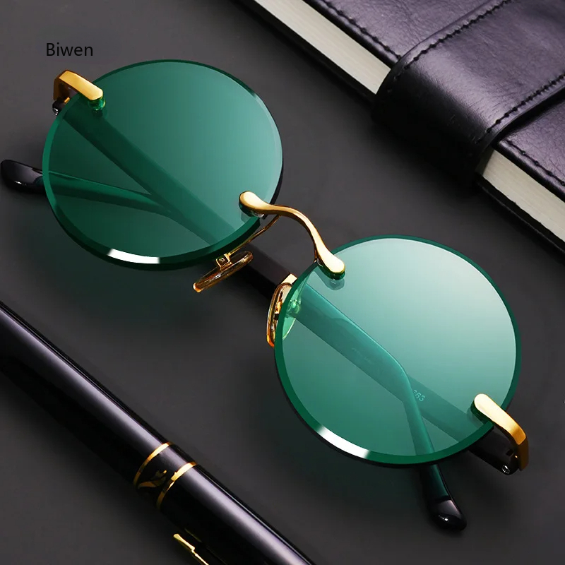 Gafas de sol de piedra de cristal verde para hombre, gafas de sol redondas sin montura a la , lentes minerales para mujer, gafas de sol de Retro para hombre: Verde