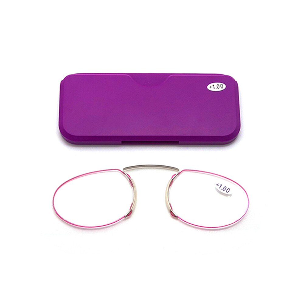 Minigafas de lectura para hombres y mujeres, lentes con Clip para la nariz, bloqueo de luz azul, billetera portátil, presbicia, con estuche, 2022: +100 / Purple