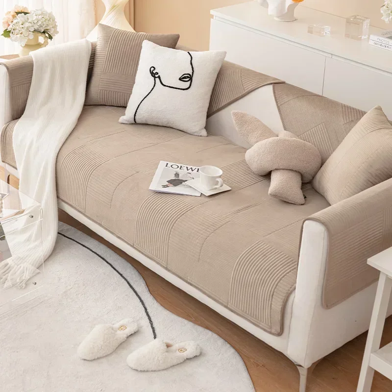 Cream Style Sofa Covers Thicken Plush Sofas Mat for Living Room Anti-slip Solid Color Couch Protector Slipcover Home Decor 소파 커버