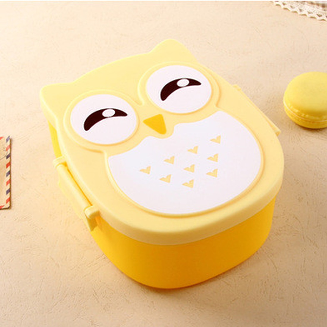 Cute 2 Layer Cartoon Owl Lunchbox Bento storage for rice Fruit Storage Microwave Plastic Storage box Cutlery Set Fiambrera: yellow