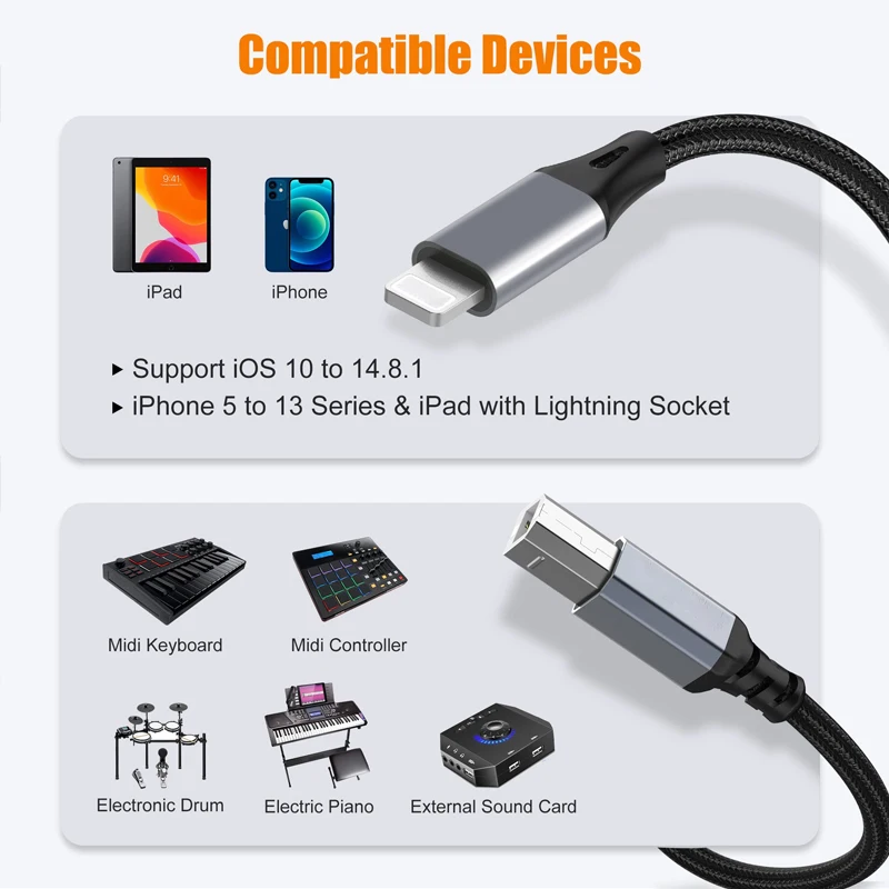 Adaptador de 8 pines a MIDI para Lightning iPhone 14 iPad a tipo B Cable USB macho a macho interfaz de Audio de instrumento de música electrónica