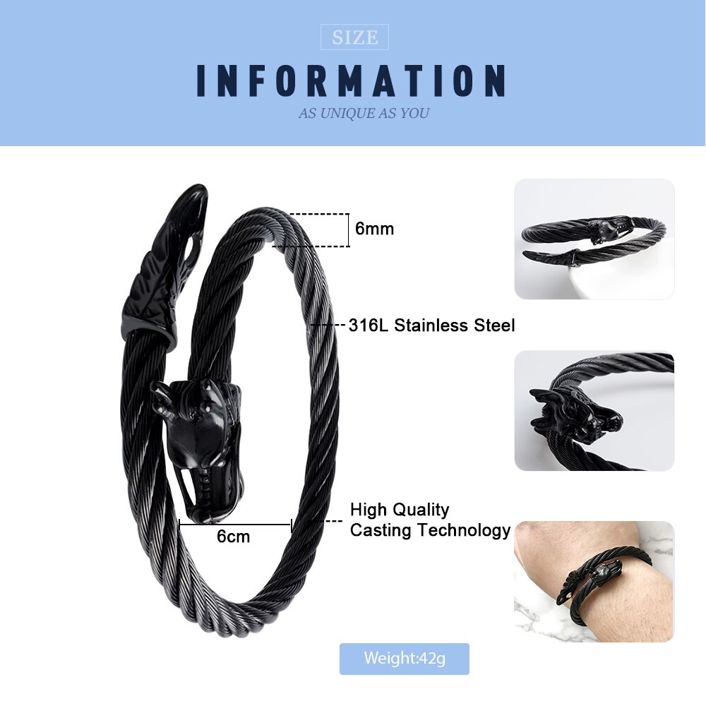 FINE4U – Bracelet manchette à tête de Dragon B060, pour hommes et femmes, en acier inoxydable 316L, à câble torsadé