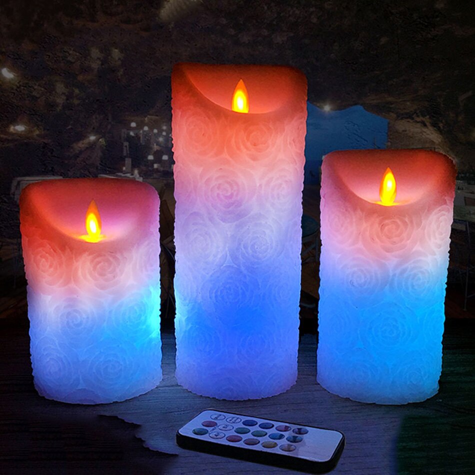 Remote wax rose embossed RGB pillar led candle, flameless rose wedding candle decoration,Christmas Year decoration for home