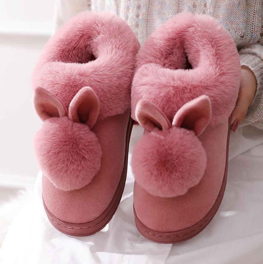 Herfst Winter Katoen Slippers Bont Konijn Thuis Warme Dikke Bodem Indoor Katoen Schoenen Kat Slippers Dames Slippers Schattige Pluizige: Dark Pink / 36-37