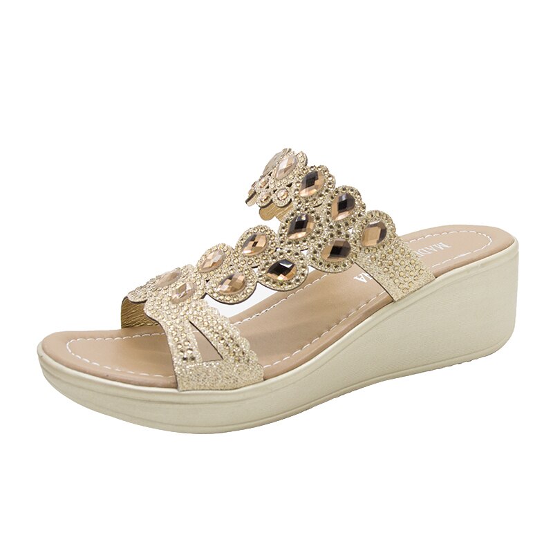 WDHKUN Bling femmes sandales été sandales à talons hauts cristal décontracté dames chaussures talons hauts strass pantoufles #0626: Or / 36